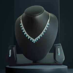 2 line Sky Blue and White Nacklace With Kundan AD